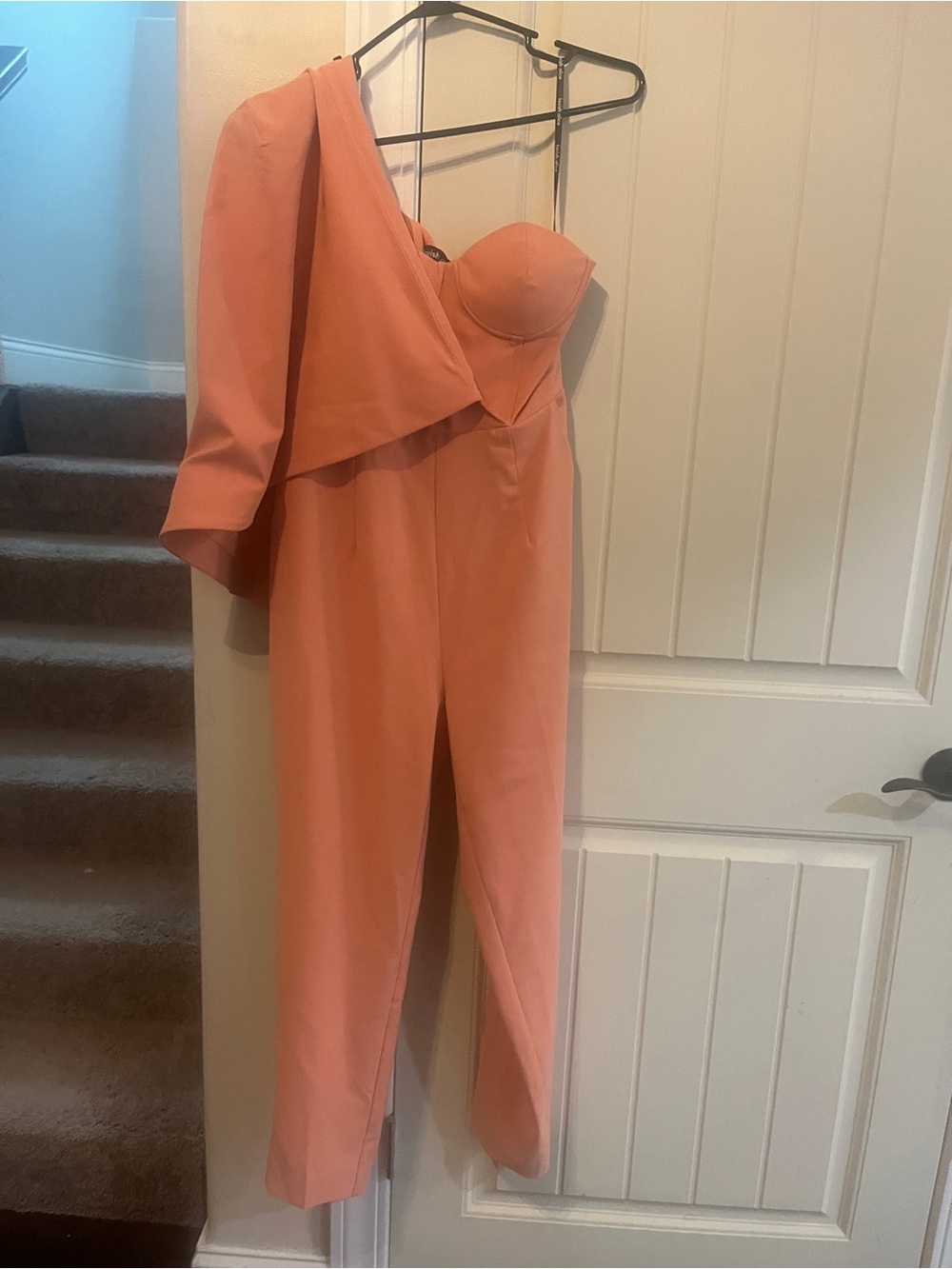 Lavish Alice Coral One-Shoulder Jumpsuit with Draped Sleeve